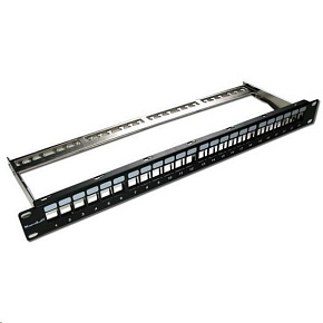 XtendLan Patch panel 19", 24 portů, neosazený, stíněný, černý, Cat5e/6/6A/7, odnimatelný vyvazovák XtendLan Patch panel 19", 24 portů, neosazený, stíněný, černý, Cat5e/6/6A/7, odnimatelný vyvazovák