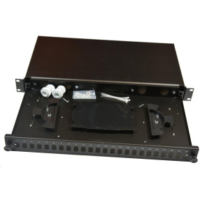 Optická vana výsuvná 1U, 24x SC simplex (24x LC duplex, 24x E2000) s kazetou pro 24 svarů, černá Optická vana výsuvná 1U, 24x SC simplex (24x LC duplex, 24x E2000) s kazetou pro 24 svarů, černá