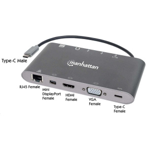 MANHATTAN Dokovací stanice USB-C 7v1, 1xHDMI, 1xVGA, 1xUSB-C,3xUSB, 1xRJ45, 1x3.5mm, šedá