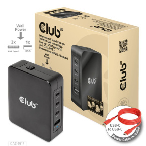 Club3D cestovní nabíječka 140W GaN technologie, 3xUSB-C, 1xUSB-A, PPS + PD 3.1 Support Club3D cestovní nabíječka 140W GaN technologie, 3xUSB-C, 1xUSB-A, PPS + PD 3.1 Support
