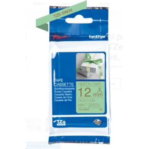 BROTHER TZE-RM34 - kazeta TZ šířky 12mm, TEXTILNÍ páska 4m- pro tvorbu dárků - NELEPÍCÍ - MÁTOVÁ PÁSKA ZLATÝ POTISK gold